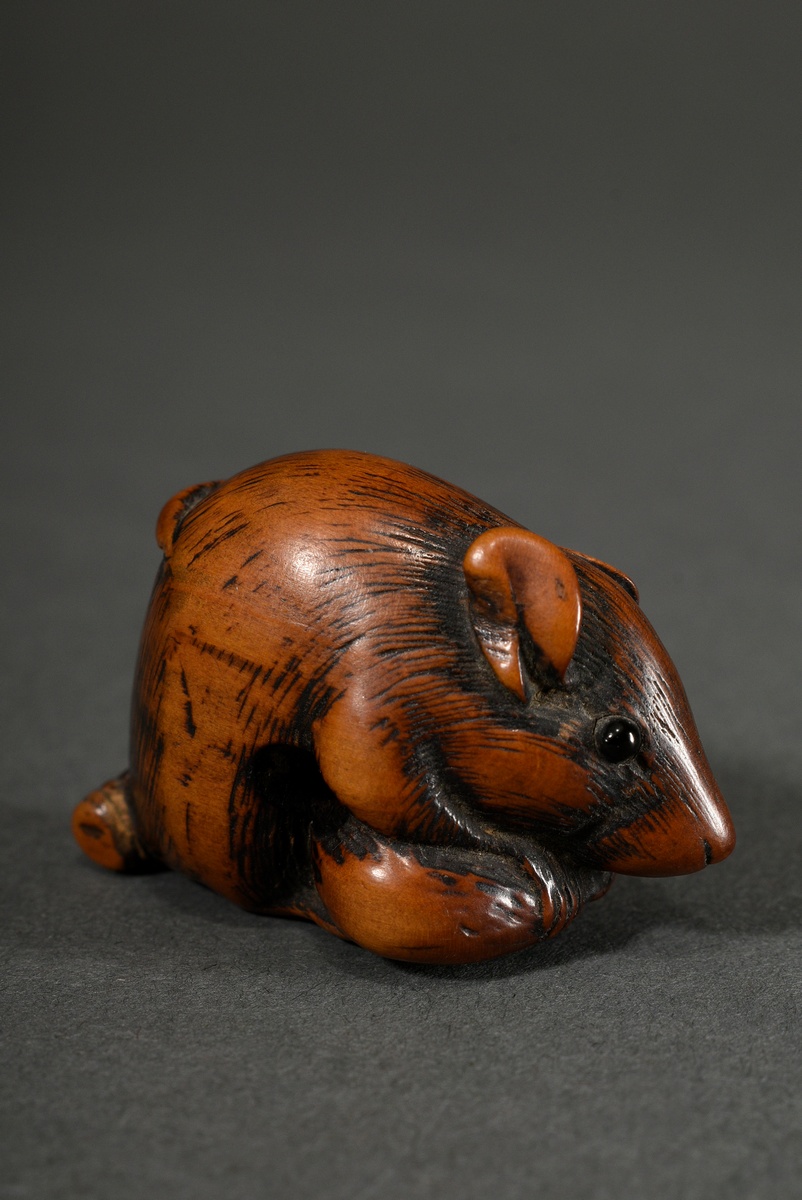 Buchsbaum Netsuke "Ratte mit Kastanie", eingelegte Horn Augen, schöne Patina, Japan, H. 2,9cm, Schw - Bild 3 aus 6