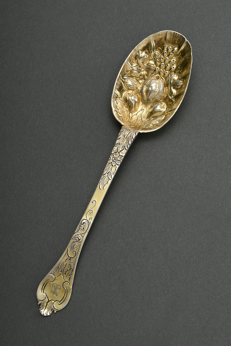 Berryspoon with embossed relief decoration ‘Fruits’ on the spoon and engraved ‘Flowers’ on the hand