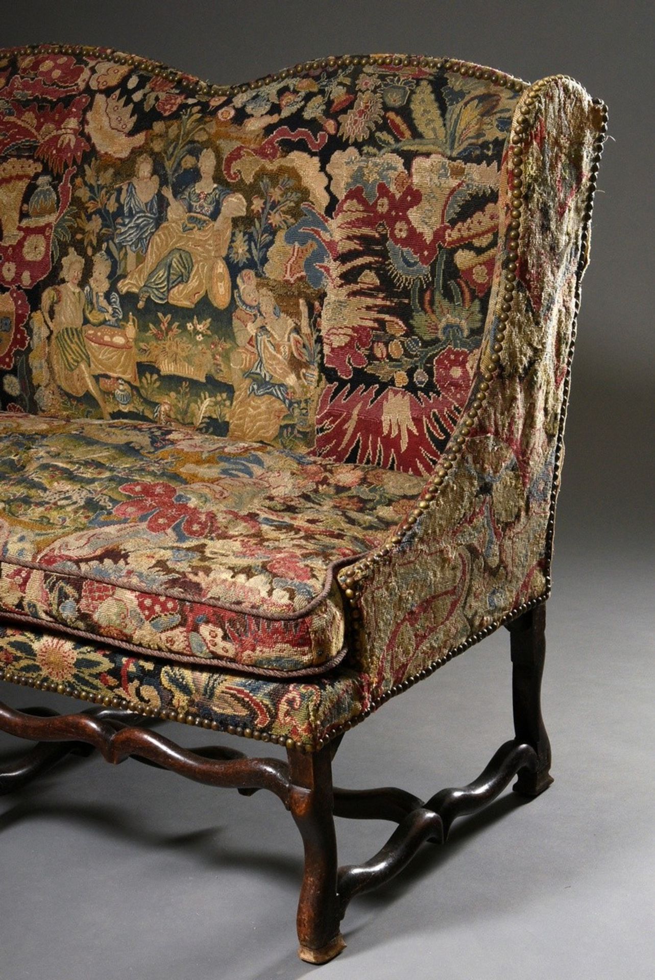 William & Mary "Loveseat" bench with carved frame and original embroidered upholstery "Lovers and H - Image 2 of 10