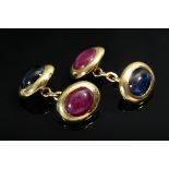 Classic pair of yellow gold 750 cufflinks with chain links and ruby and sapphire cabochons, goldsmi