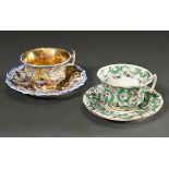 2 Various Biedermeier cups/ saucers with polychrome painting and rich gold decoration on faceted wa