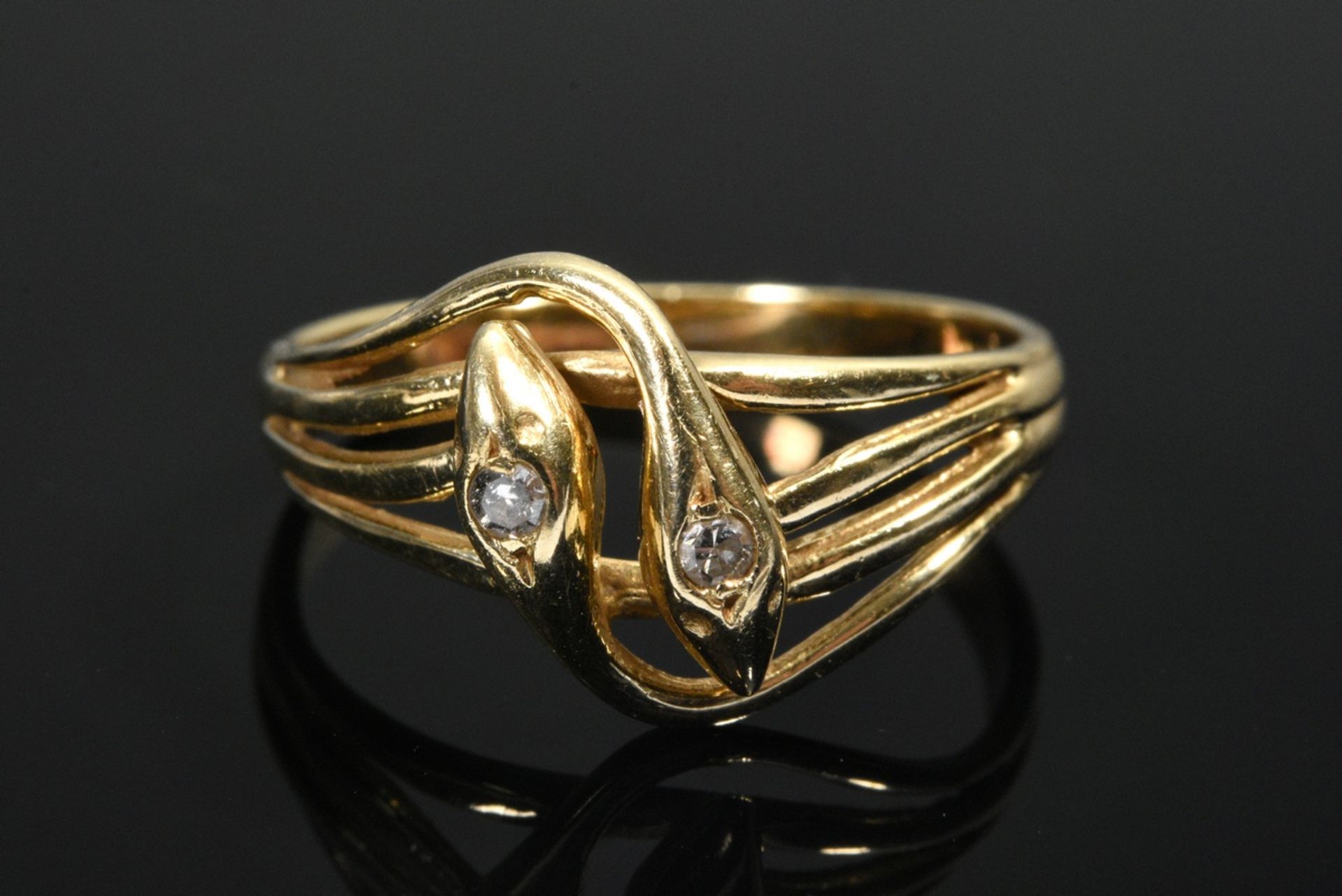 Delicate yellow gold 585 double snake ring with small octagonal diamonds (approx. 0.06/SI/W), 3g, s - Image 3 of 4