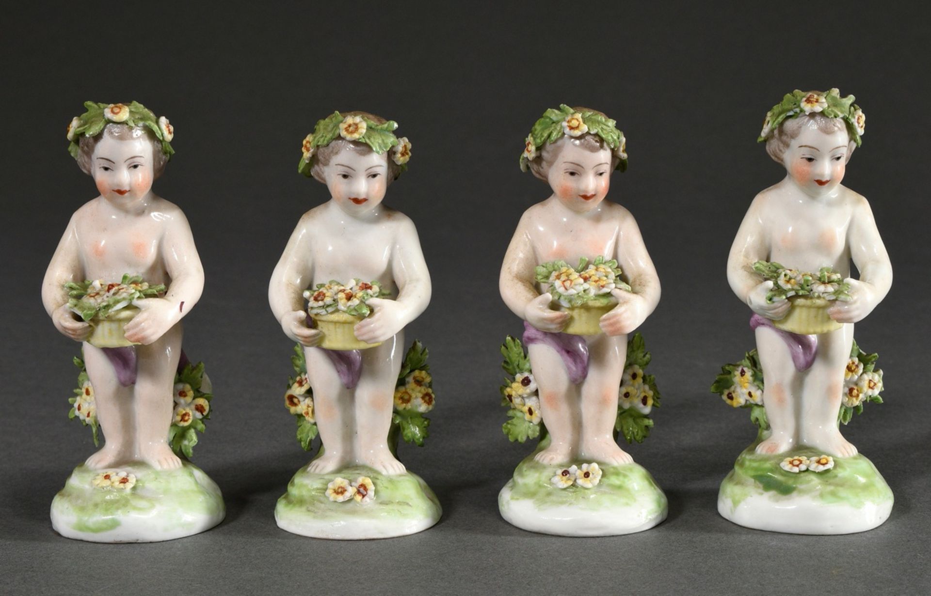 4 Mennecy-Villeroy Sceaux porcelain figurines "Putti with flower baskets", France c. 1740/1760, h. 