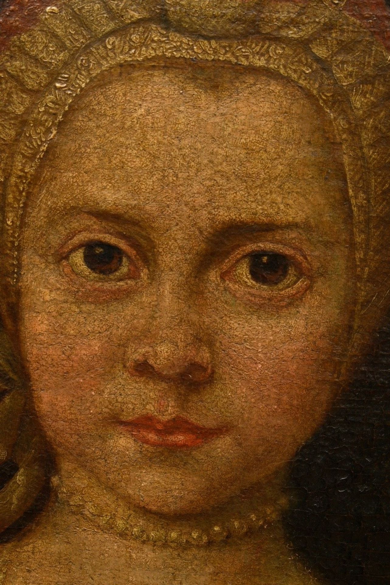 Unknown portraitist of the early 18th c. "Girl with Cherry Basket", oil/canvas, probably relined, 7 - Image 3 of 7
