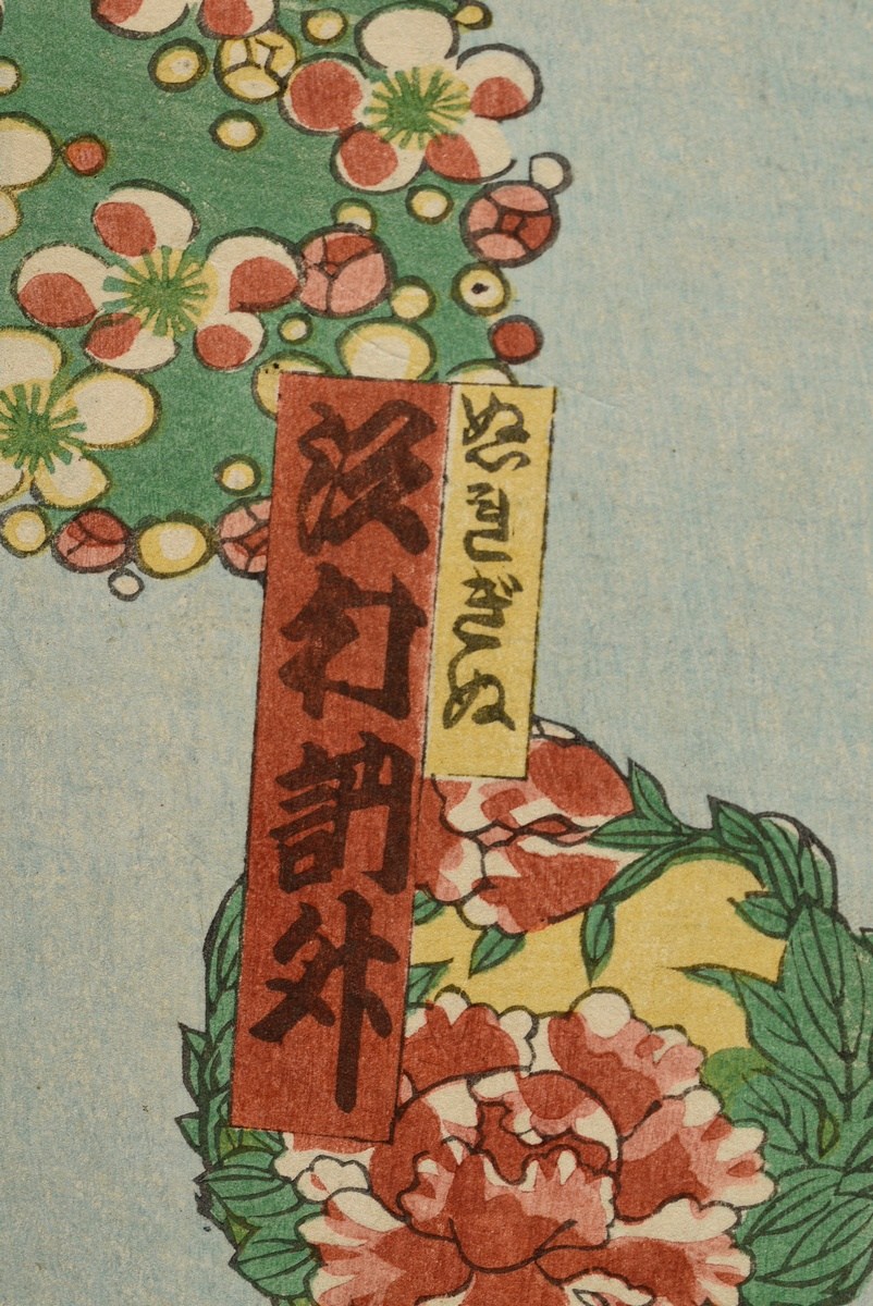 Utagawa Yoshiku (1883-1904) "Kabuki scene in front of a screen with autumnal blossoms", colour wood - Image 6 of 8