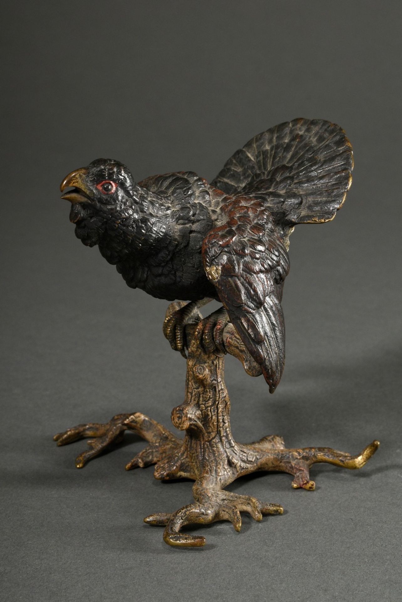Viennese bronze "capercaillie on branch", approx. 1900, naturalistically painted, marked at the bot - Image 6 of 6