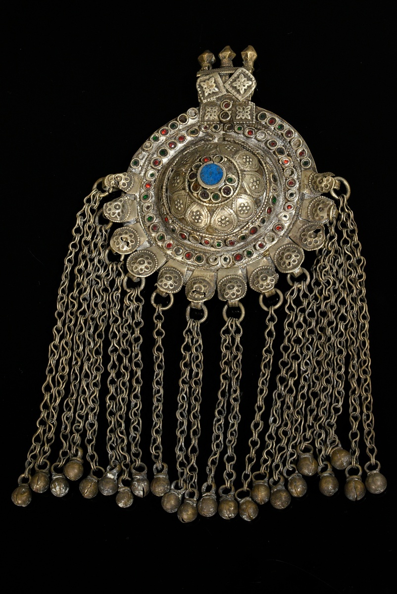 3 Various Afghan pendants: 1 mounted on fabric with stones, beads and bells and 2 domed discs with  - Image 2 of 10