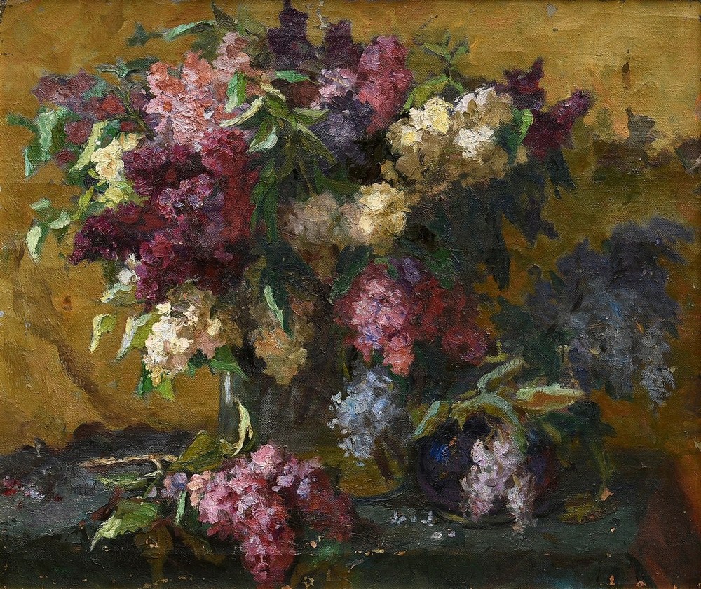Akisina, Anna Ivanova (1910-1989) Floral still life "Lila" 1949, oil/canvas, verso sign./dat./titl.