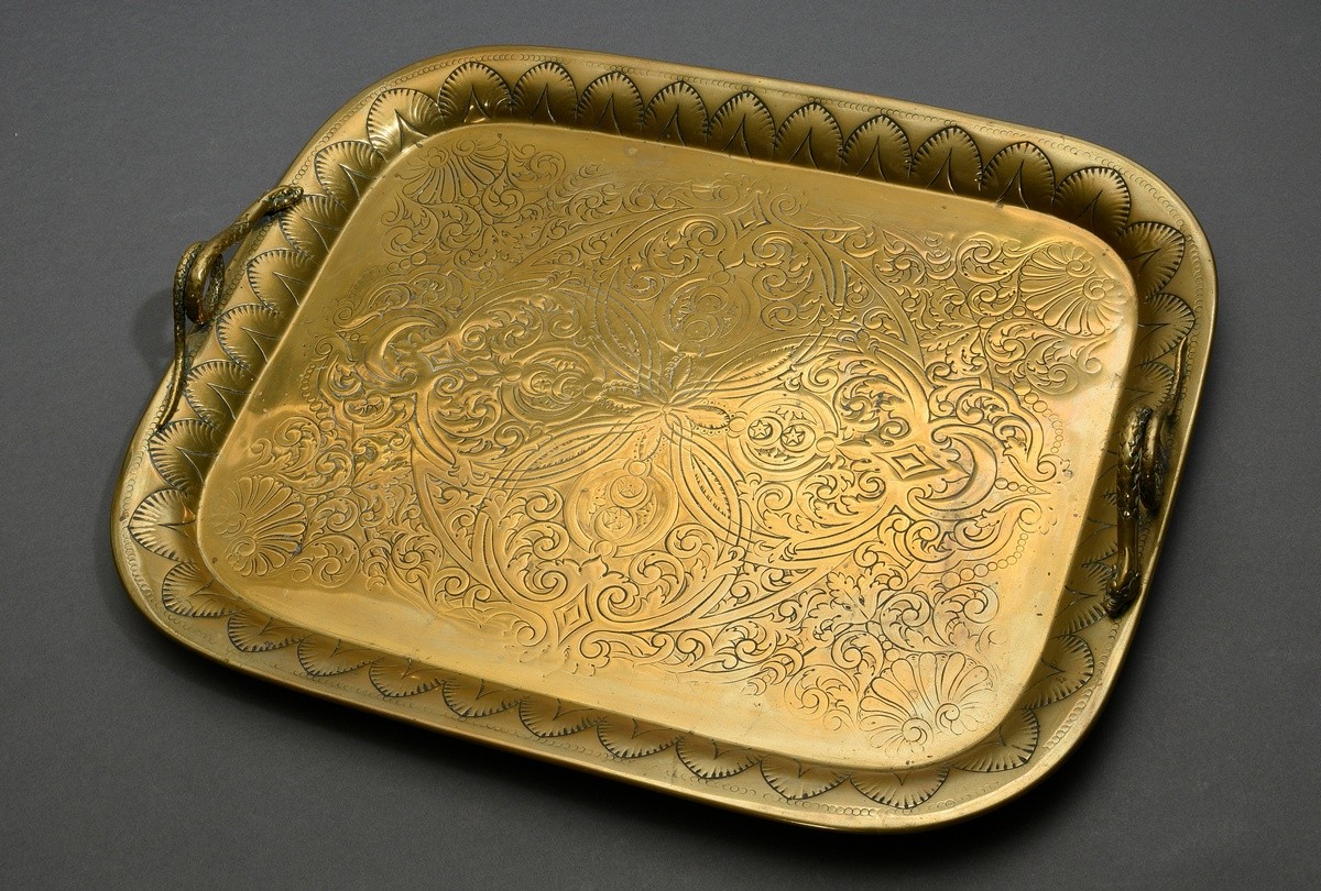 Rectangular brass tray with floral engraving and sculpted snake handles, 19th century, 56x45cm