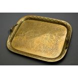 Rectangular brass tray with floral engraving and sculpted snake handles, 19th century, 56x45cm