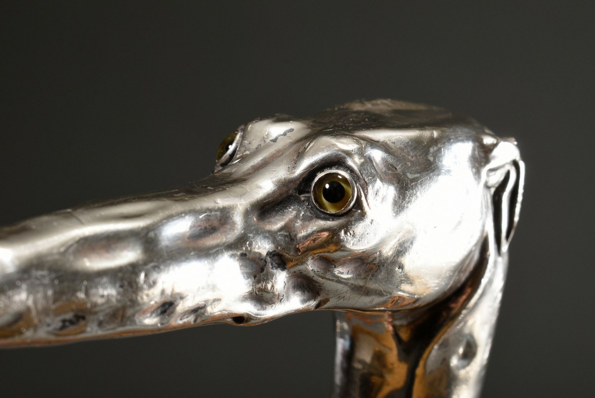 Walking stick with sculptural crutch ‘greyhound head’, silver with glass eyes, palm cane weft, appr - Image 2 of 6
