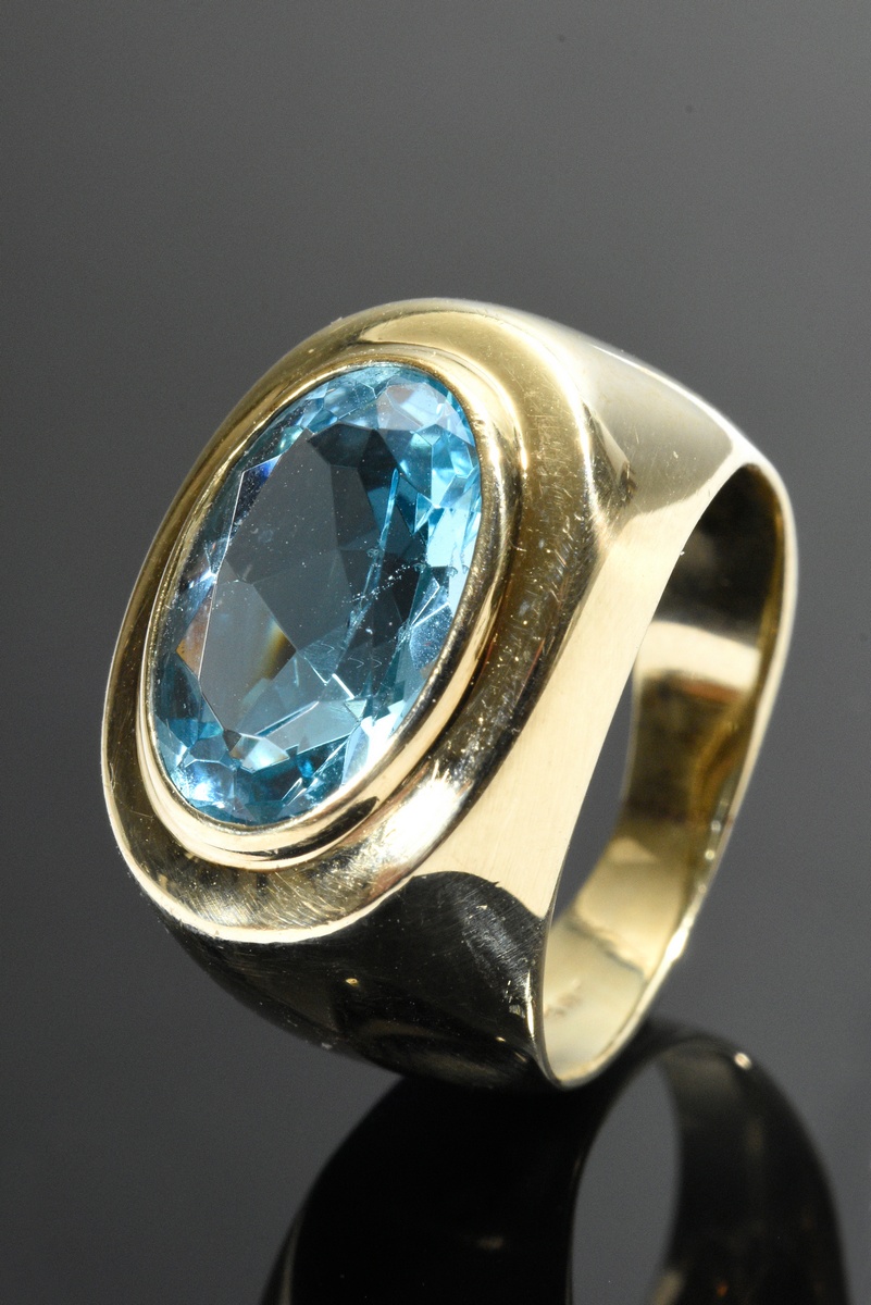 Modern yellow gold 585 band ring with oval topaz (13x8.9mm), 8.97g, size 52.5