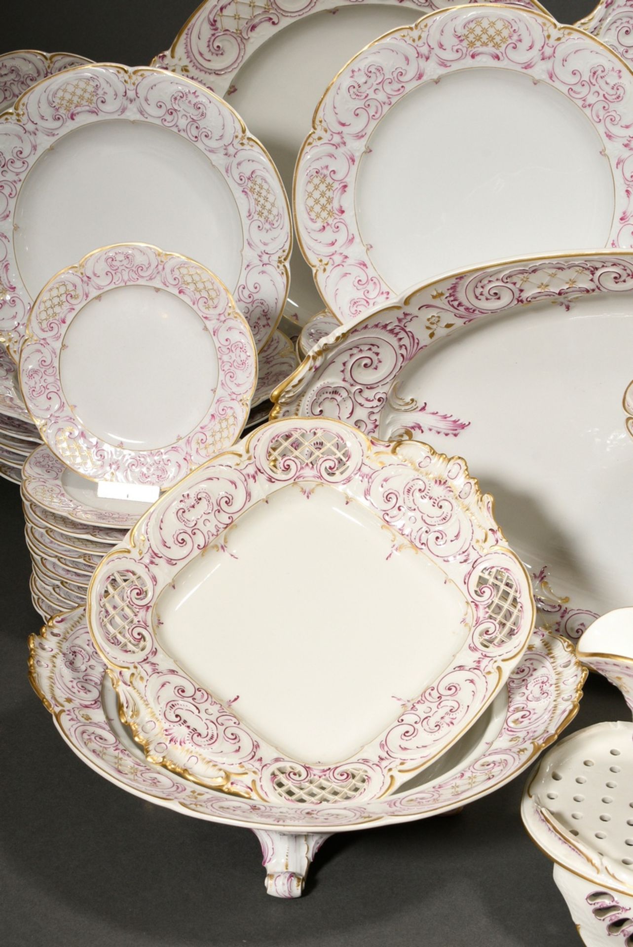 69 Pieces KPM dinner service in Rococo form with purple and gold staffage, red imperial orb mark, c - Image 6 of 22