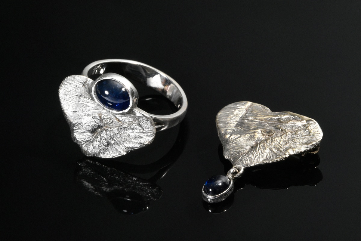 2 Pieces of modern white gold 750 jewellery with sapphire cabochons, handmade (together 7.5g): Ring