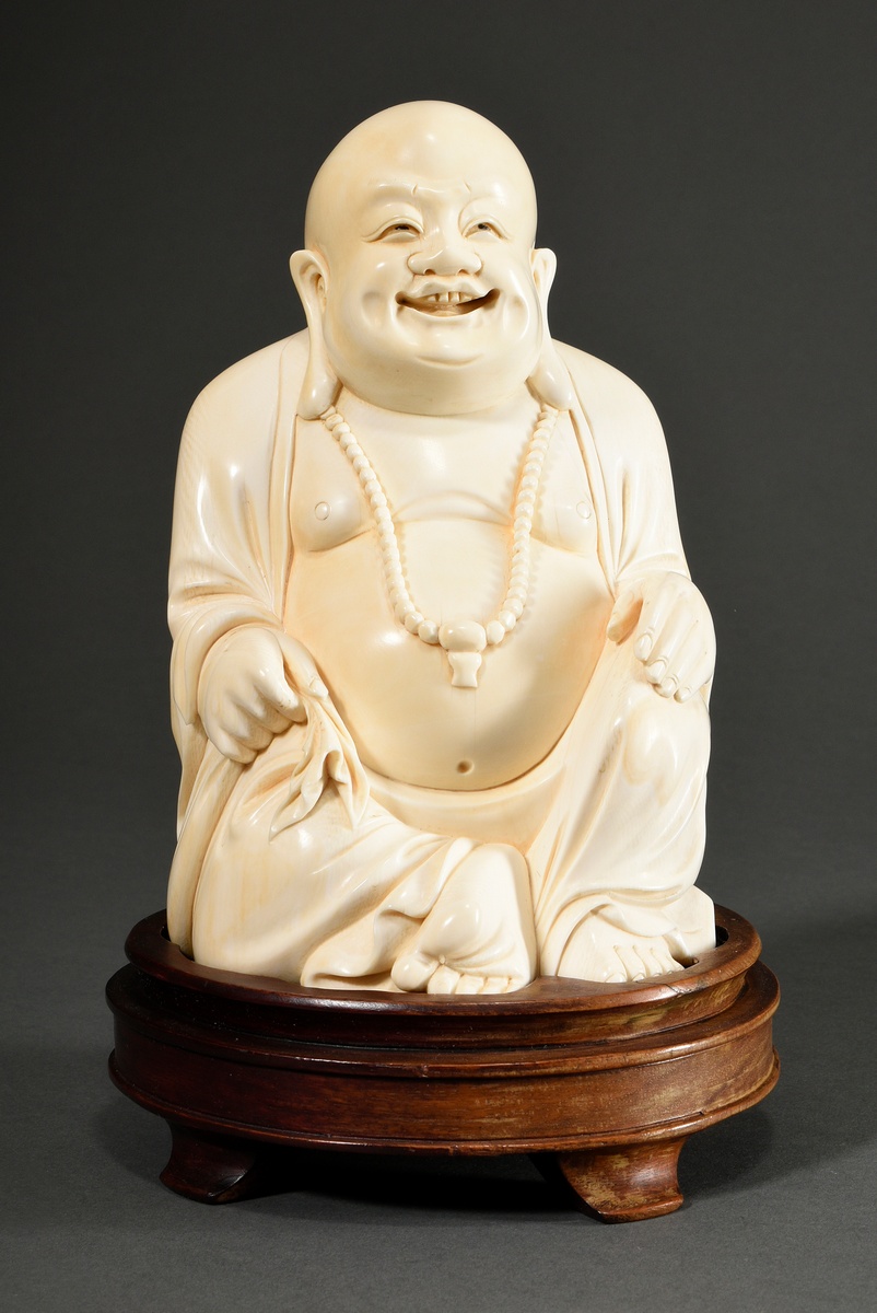 Large ivory carving ‘Head of Guanyin’ with openwork crown and depiction of Buddha with two adorants