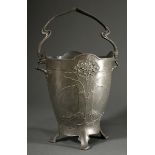 Art Nouveau pewter bucket with relief decorations ‘hydrangeas’ and vegetal handle and feet, around 
