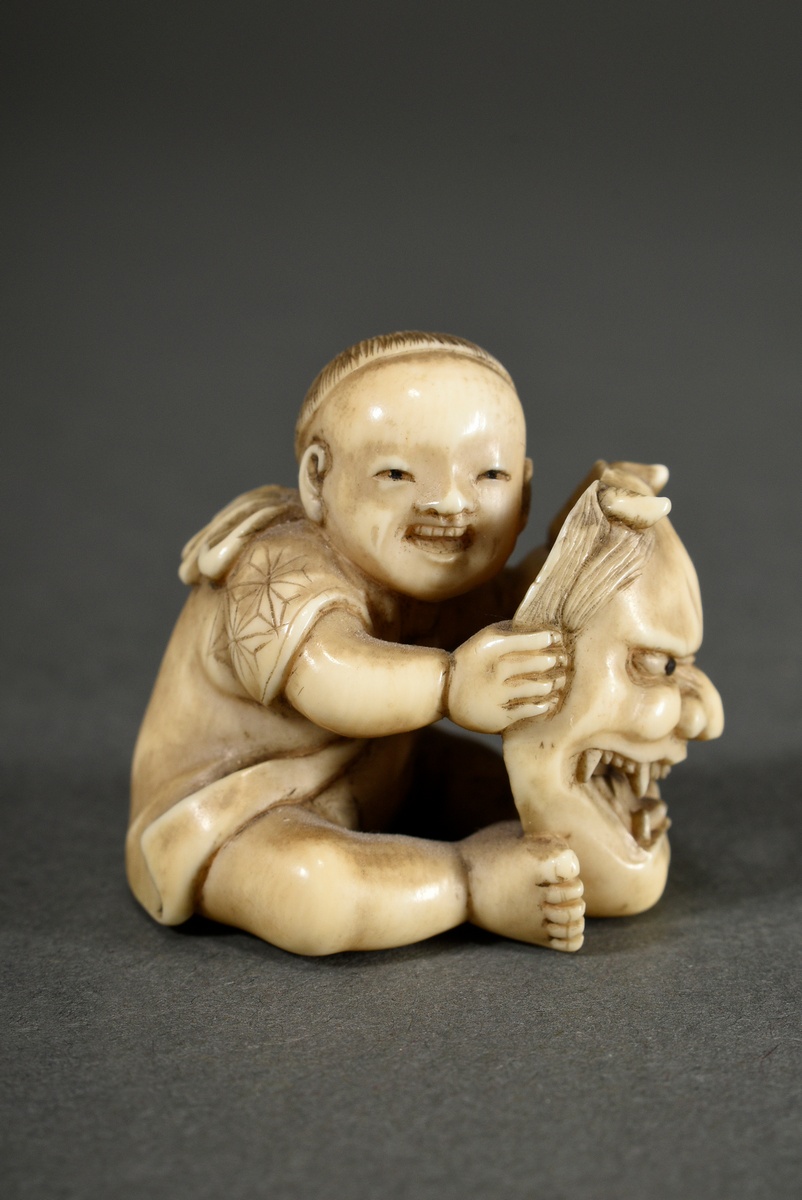 Very fine ivory netsuke "Karako with Hannyu Mask", inlaid horn eyes, sign. Kôgyoku sai 光玉斎 (Davey 1