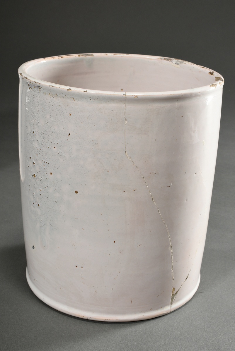 3 Various cylindrical faience pharmacy vessels with blue painted cartouches, c. 1800, 1x with lid,  - Image 6 of 14