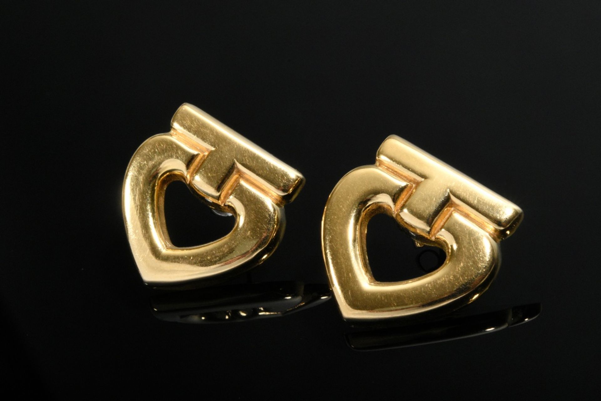 Pair of yellow gold 750 ear studs in heart shape, 7g, Ø 2.3x2.3cm, 1 stopper white gold 585