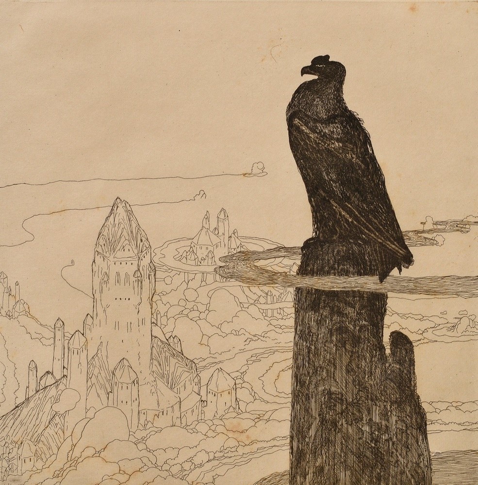 Hablik, Wenzel August (1881-1934) 'Eagle above the city' 1909, etching, from portfolio: 'Creative f