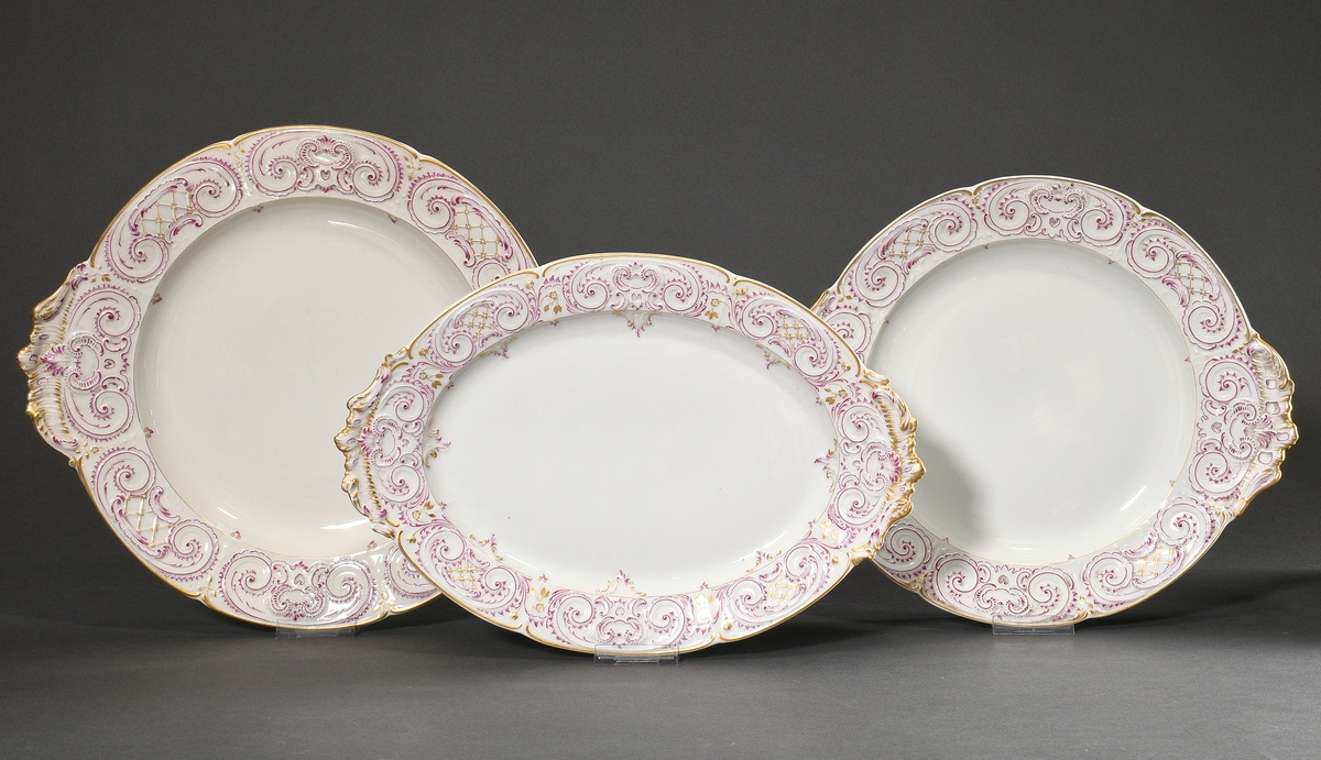 69 Pieces KPM dinner service in Rococo form with purple and gold staffage, red imperial orb mark, c - Image 20 of 22