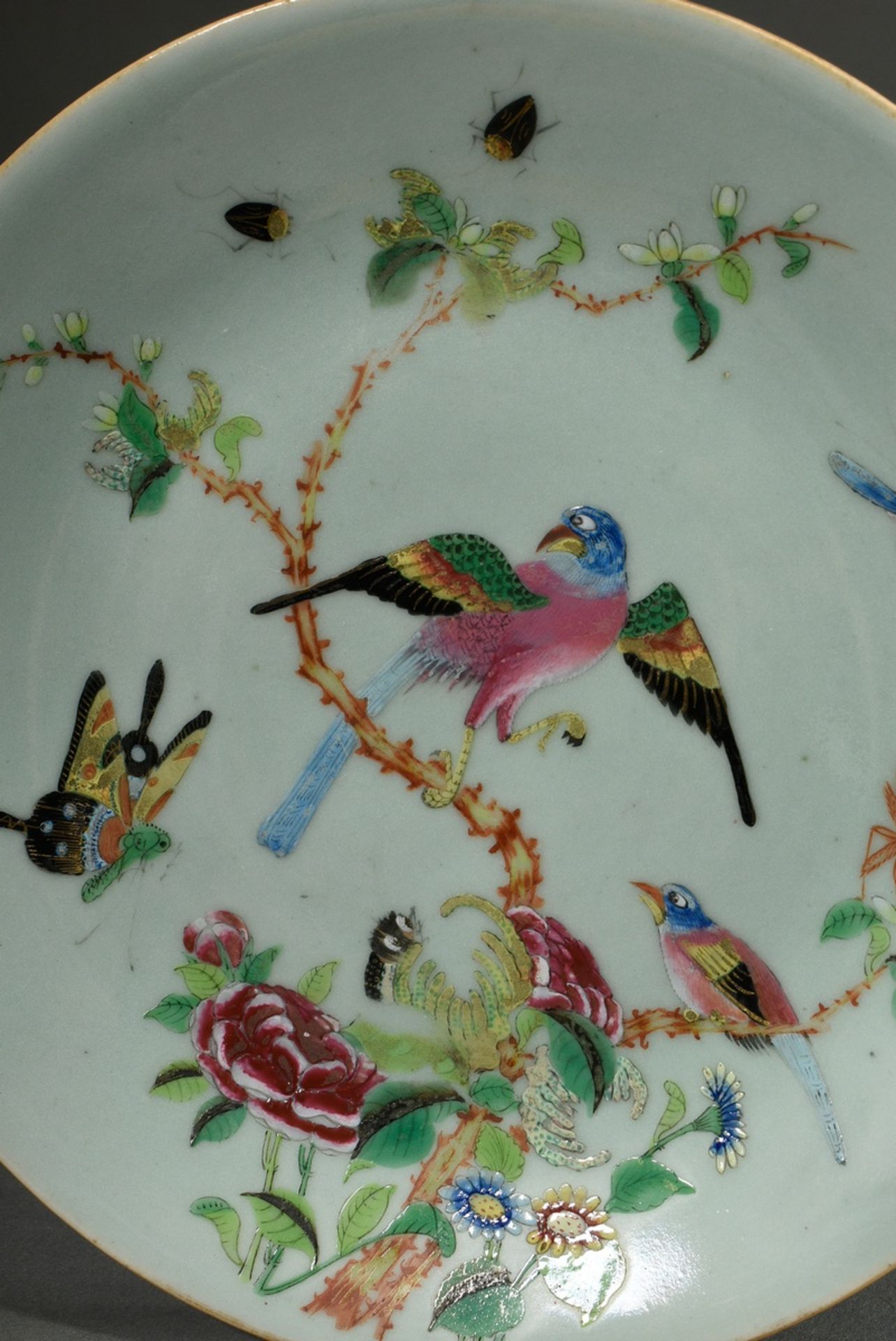 Pair of porcelain plates with polychrome enamel painting "Birds and Butterflies" on a delicate cela - Image 3 of 8