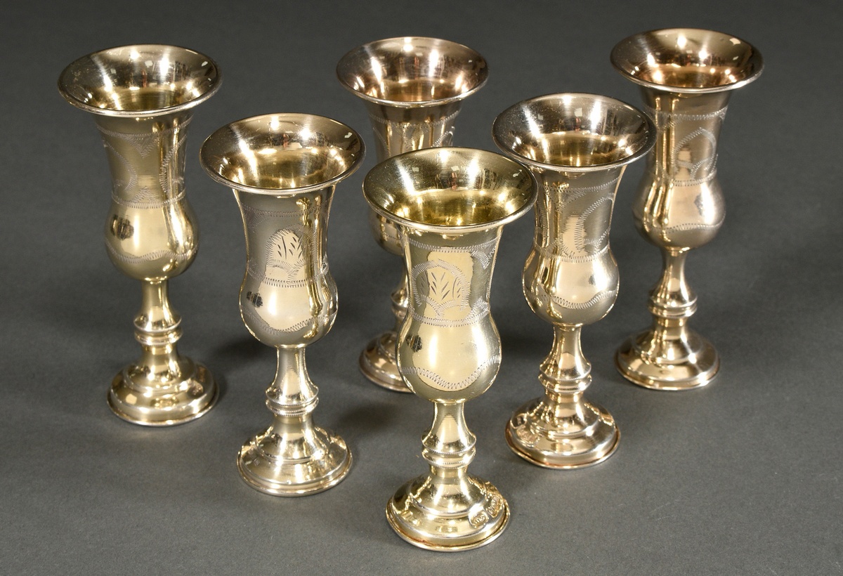 6 small goblets with beaded decoration in the Russian style, MM: RT&G, Birmingham 1911, silver 925,