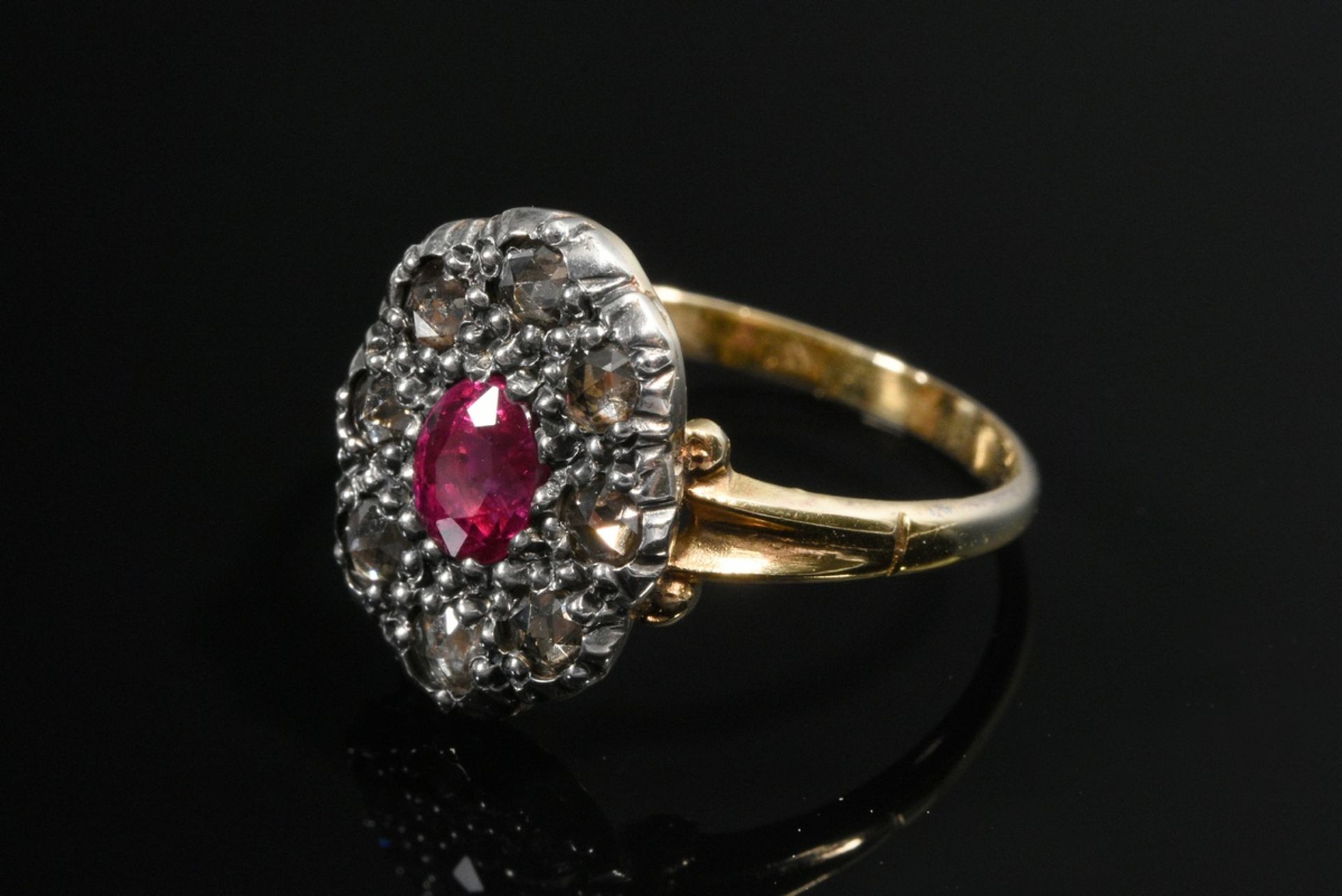 Gelbgold 585 und Silber Biedermeier Ring mit Rubin in Amsterdamer Diamantrosen Kranz (zus. ca. 0.25 - Bild 2 aus 4