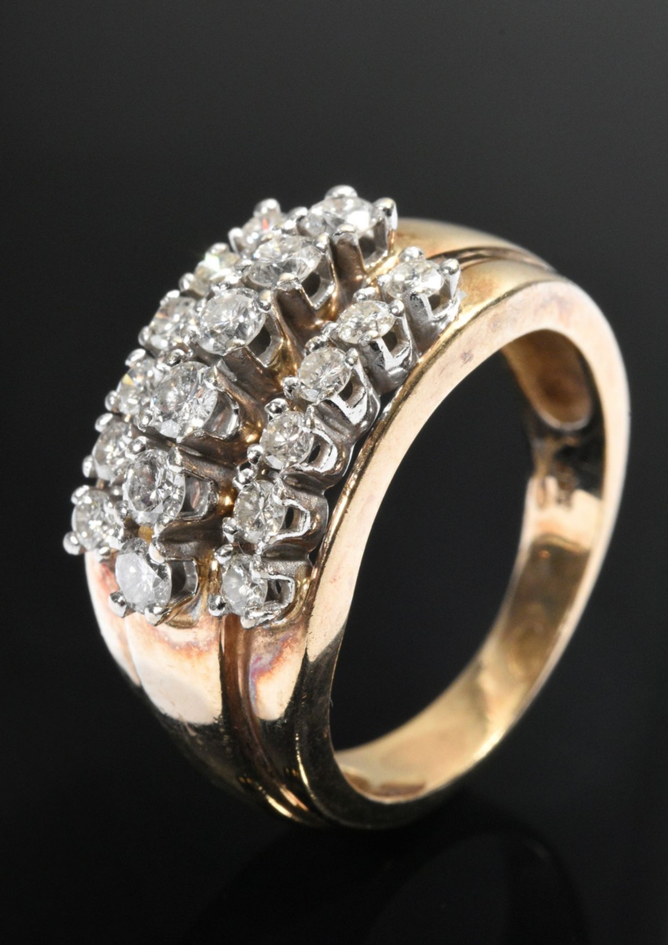 Three-row Midcentury yellow gold 585 ring with three brilliant-cut diamond bars (together approx. 1
