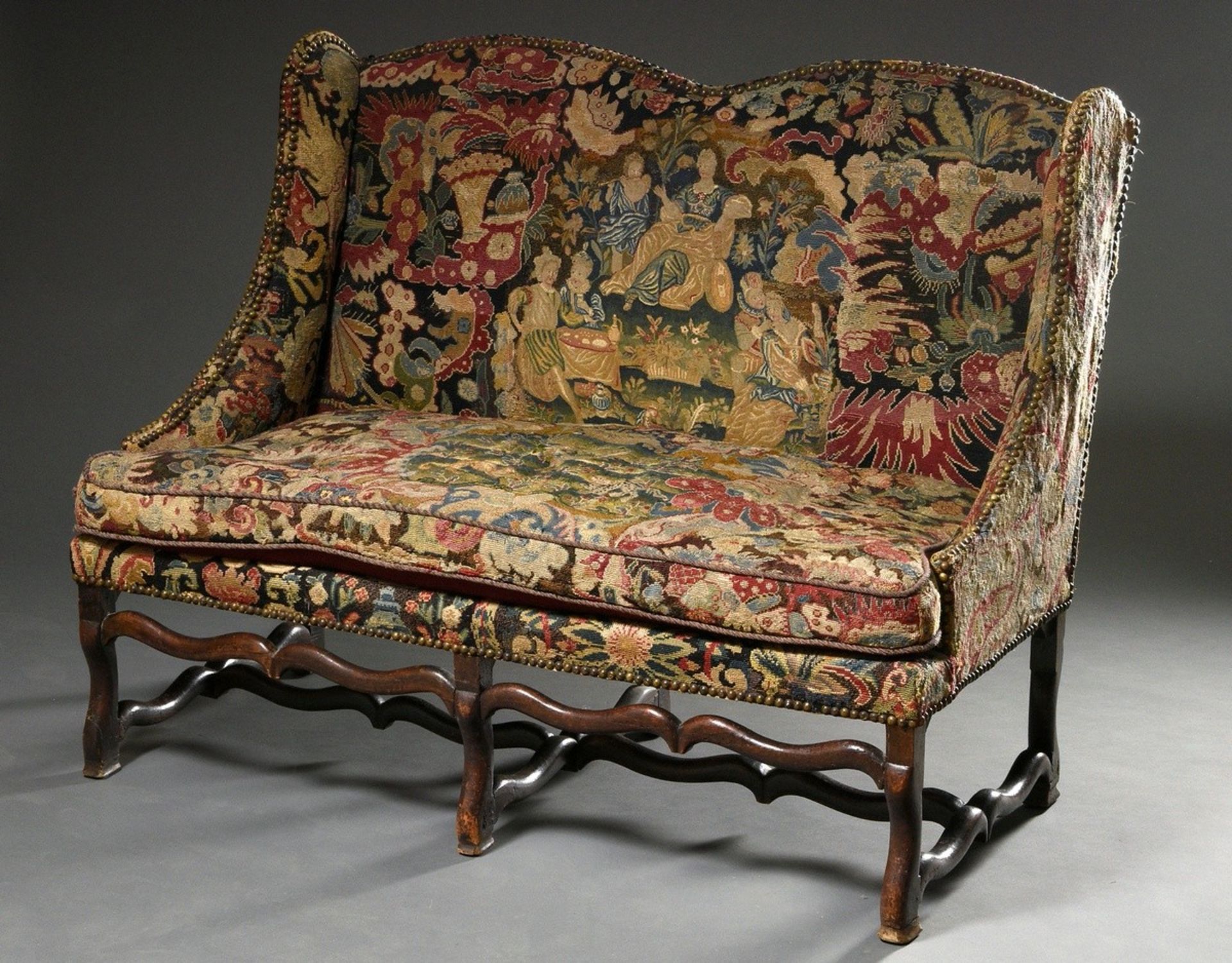 William & Mary "Loveseat" bench with carved frame and original embroidered upholstery "Lovers and H