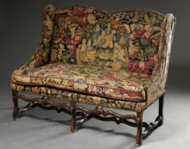 William & Mary "Loveseat" bench with carved frame and original embroidered upholstery "Lovers and H