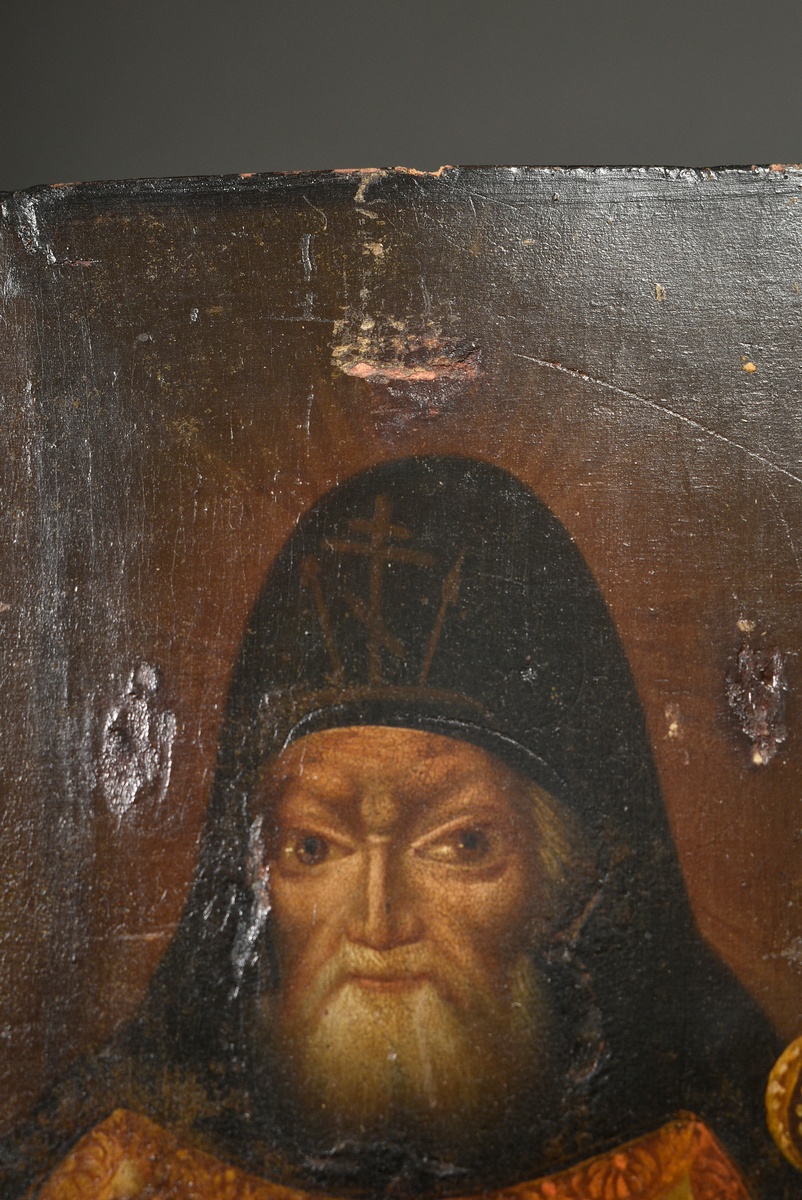 Russian icon "Saint Mitrophan" under brass oklad, egg tempera/chalk ground on wood, early 19th cent - Image 12 of 14