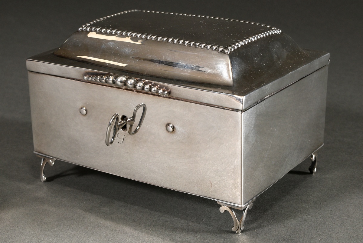 A plain Berlin sugar box on volute feet with pearl frieze and handle strip on the lid, Marked: Corn - Image 2 of 7