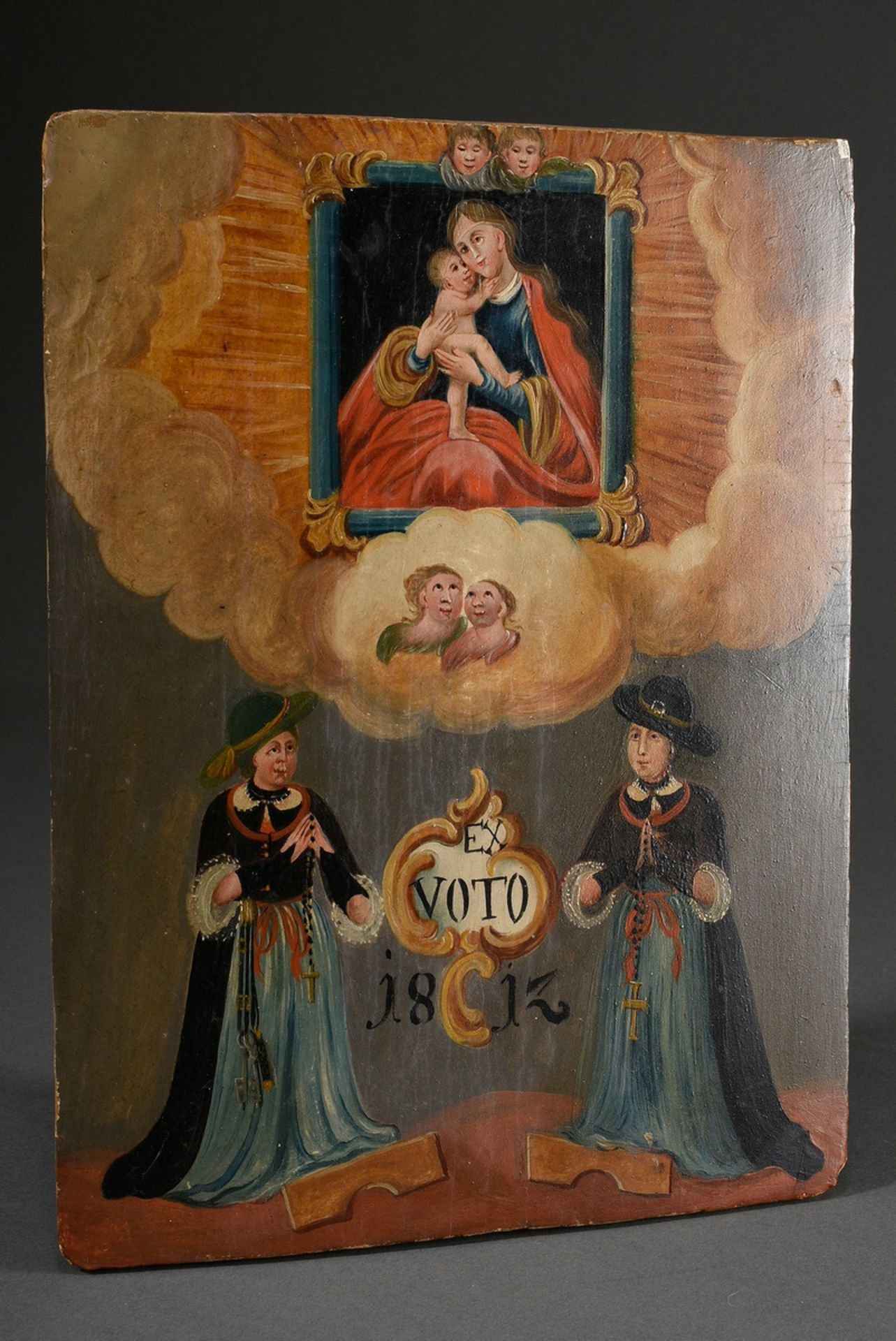 Votive painting depicting two women in Tyrolean costume under the miraculous image of Our Lady "Mar