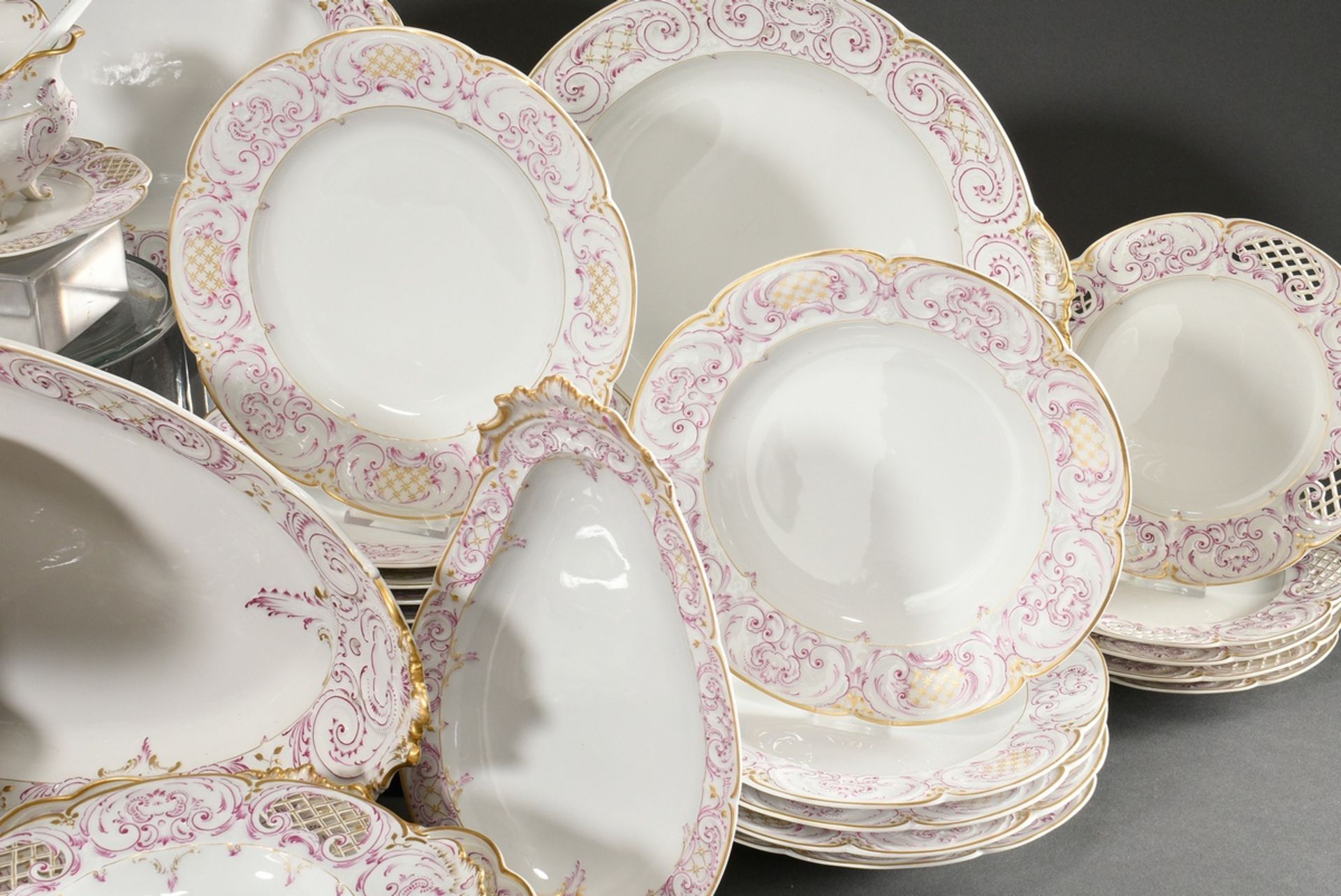 69 Pieces KPM dinner service in Rococo form with purple and gold staffage, red imperial orb mark, c - Image 8 of 22