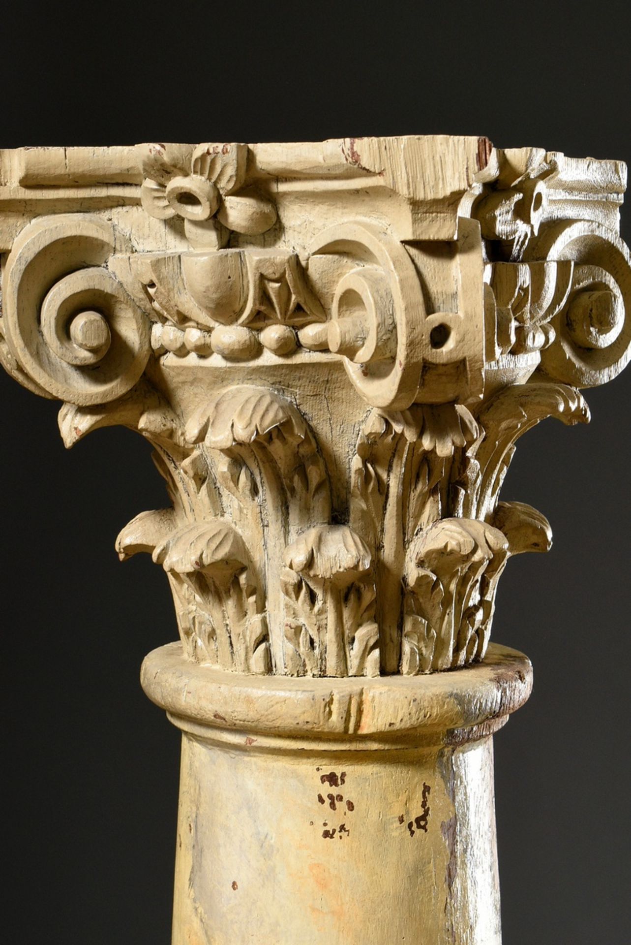 Paar Holz Säulen mit korinthischen Kapitellen, marmorierten Schäften und runden Basen, 18.Jh., H. c - Bild 6 aus 7