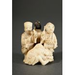 Very fine ivory okimono ‘Shishimai dancer with lion mask and three musicians with drums, cymbals an