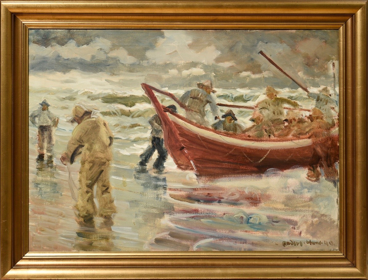 Hune, Anders (1894-1968) "Redningsbanden gør ud" (Rettungsmannschaft fährt raus) 1940, Öl/Leinwand, - Bild 2 aus 3