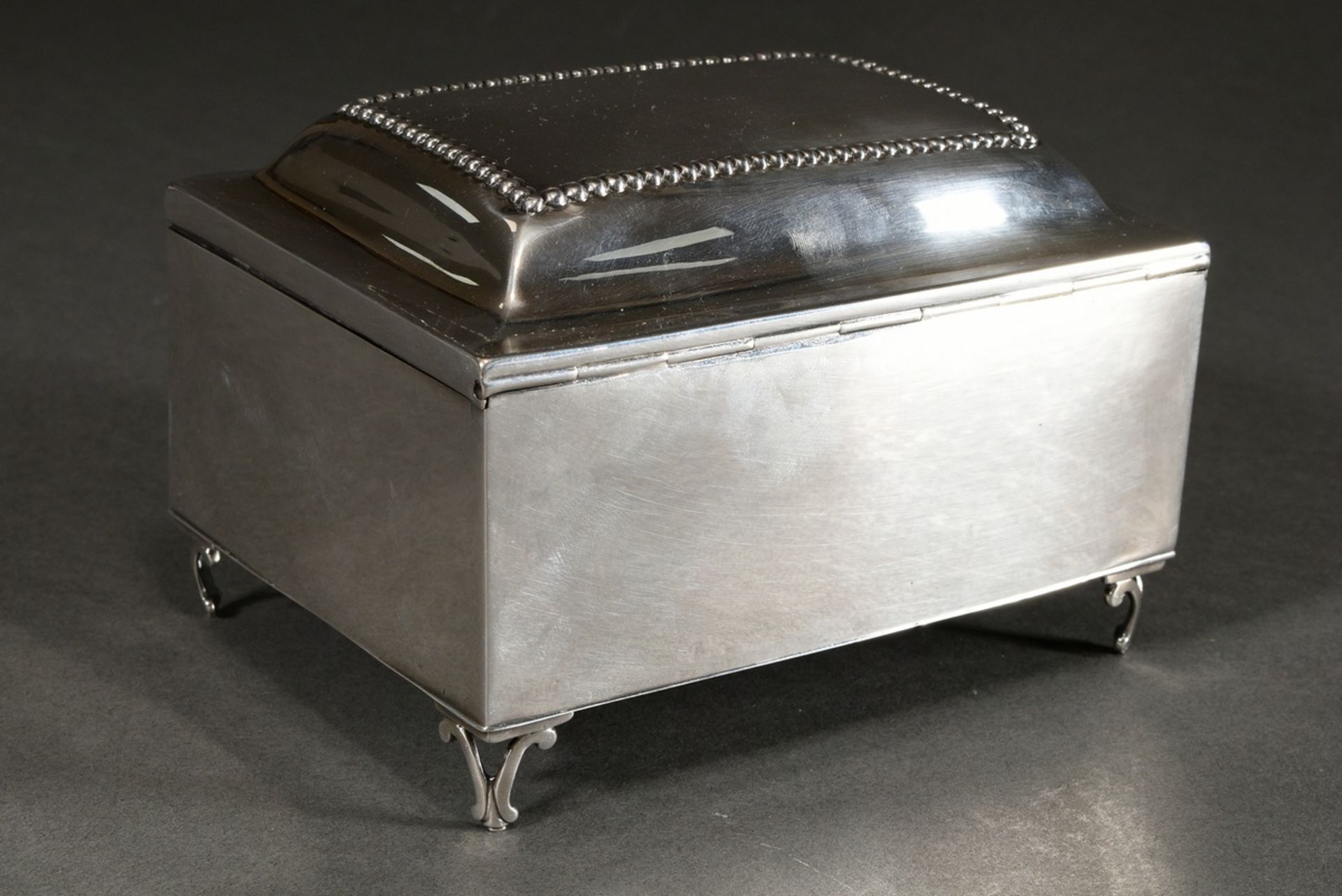 A plain Berlin sugar box on volute feet with pearl frieze and handle strip on the lid, Marked: Corn - Image 3 of 7