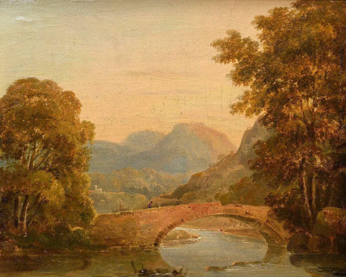 Ibbetson, Julius Caesar (1759-1817) attr. "Rocky Landscape with Bridge", oil/wood, verso inscr., 19