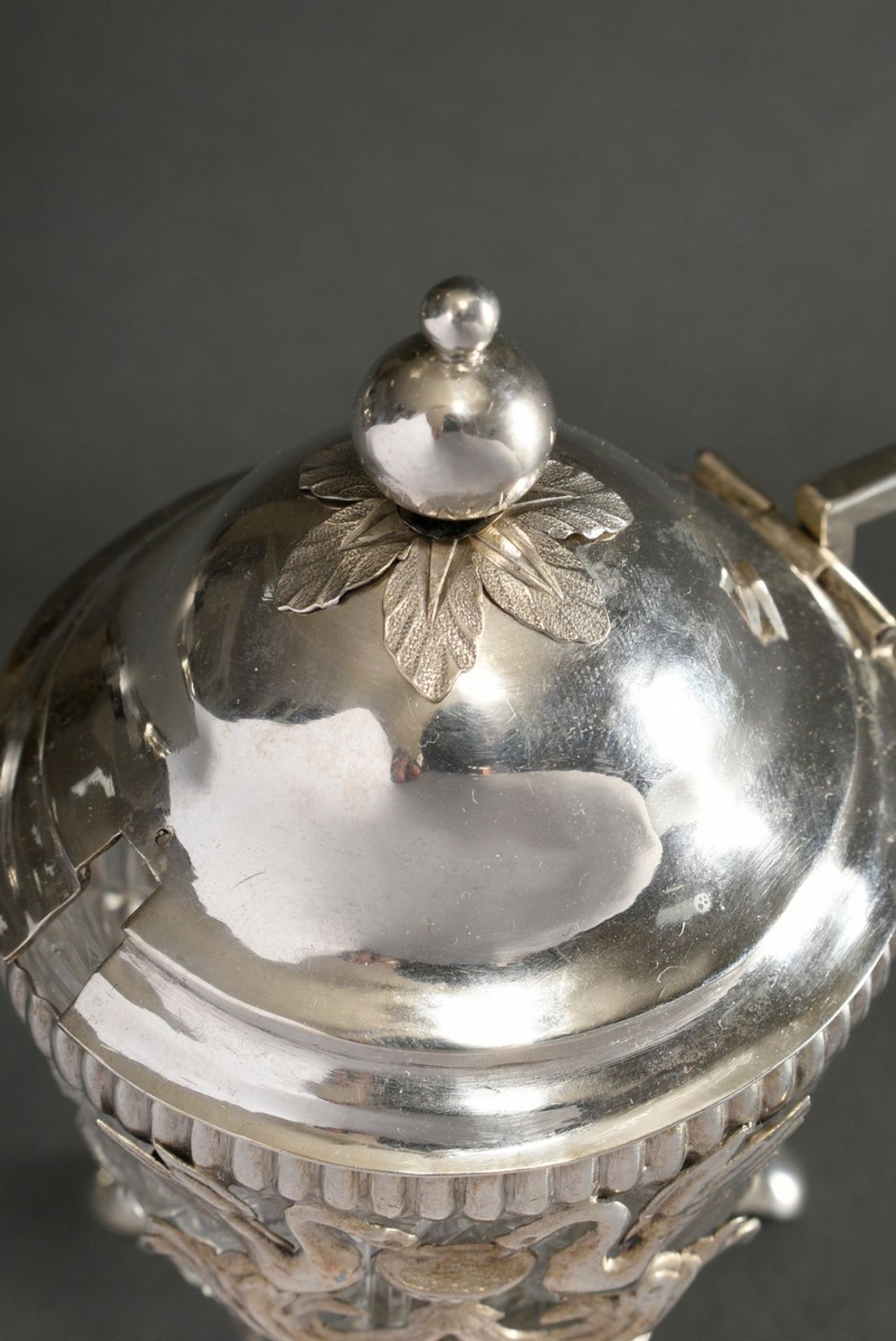 An Empire mustard pot with crystal inset, over 3 feet with swan reliefs, domed hinged lid with ball - Image 5 of 7