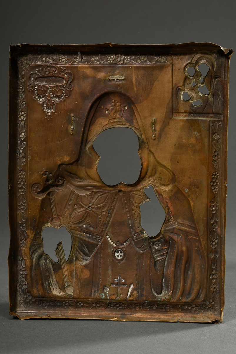 Russian icon "Saint Mitrophan" under brass oklad, egg tempera/chalk ground on wood, early 19th cent - Image 6 of 14