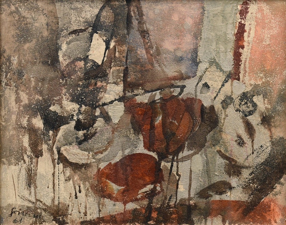 Grimm, Wilhelm (1904-1986) ‘o.T. (Table still life)' 1963, mixed media/paper laminated on wood, sig