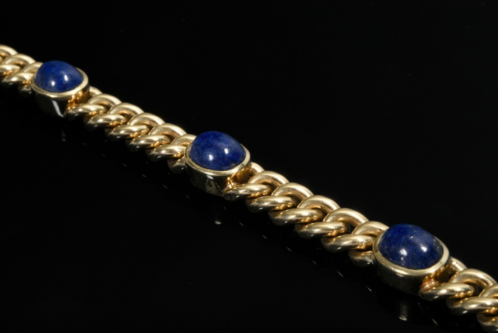 Massives Gelbgold 585 Rundpanzer Armband mit Lapislazuli Cabochons, 45g, L. 19,5cm, Tragespuren - Bild 2 aus 2