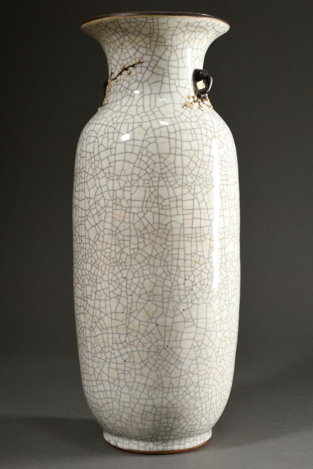 Large vase with Ge-glaze and sculptural cherry branch reliefs to the neck, Nanking ware, base with 