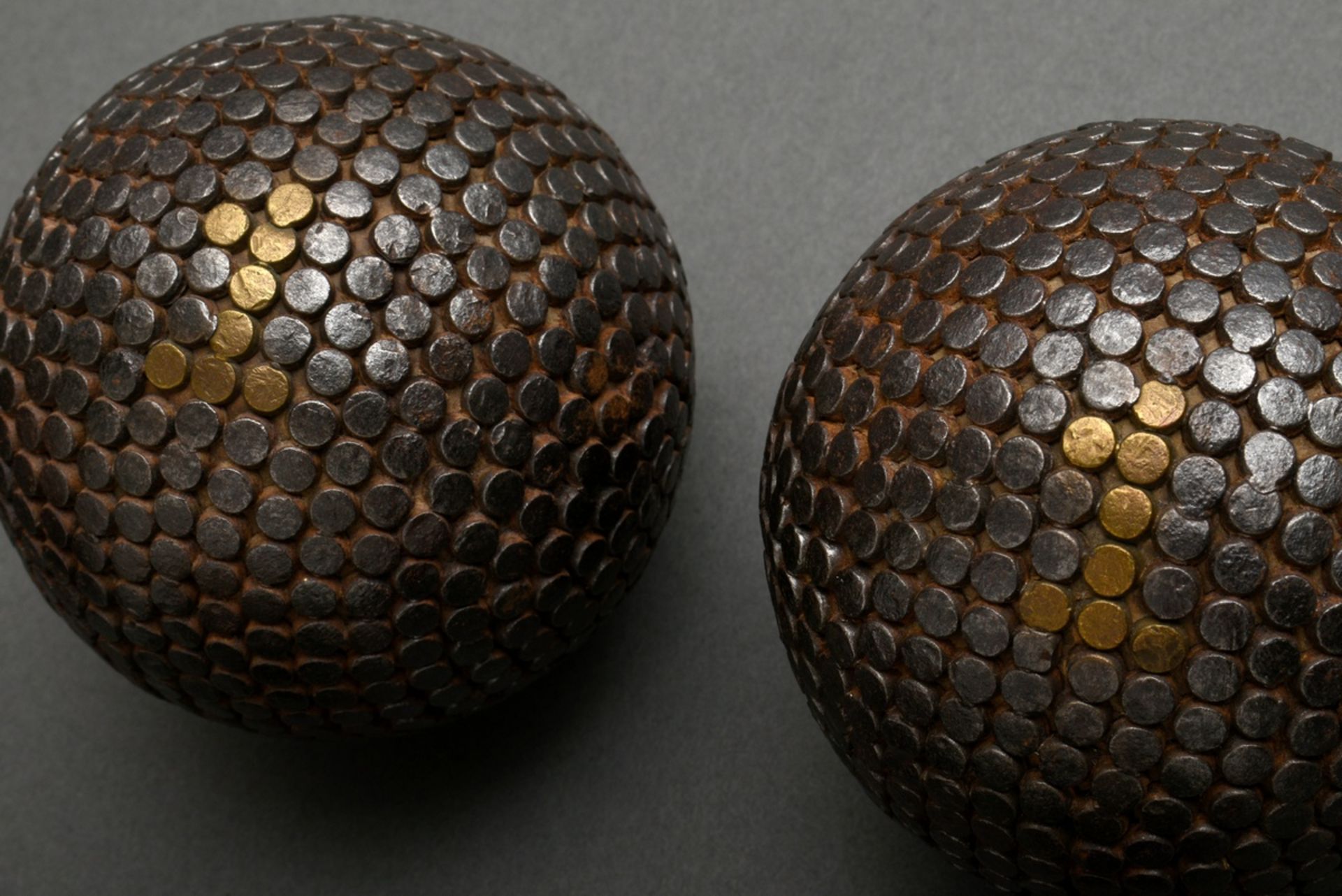 4 various pairs of Boulle balls with decorative iron, brass and copper nails, France around 1900, Ø - Image 3 of 5
