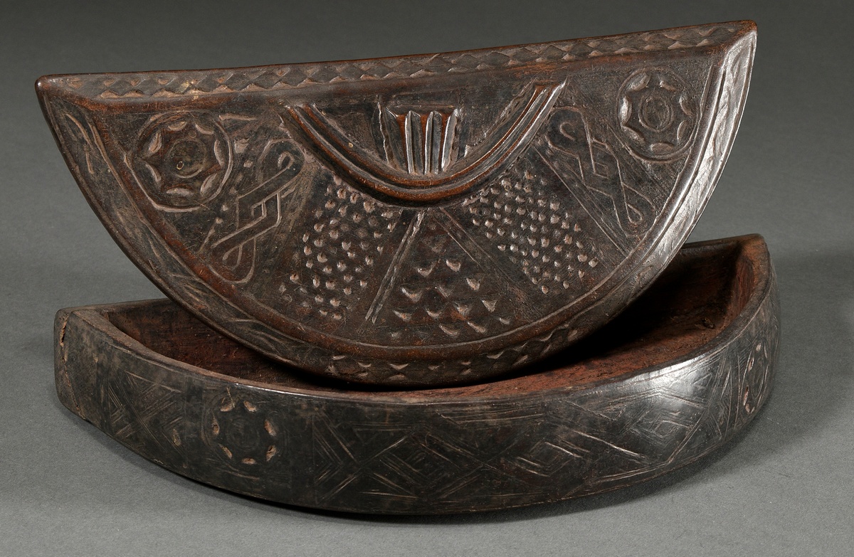 Fine tukula box from Kuba, Central Africa/ Congo (DRC), probably early 20th c., crescent-shaped woo