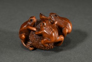 Buchsbaum Netsuke "Drei Frösche auf einer Beere", eingelegte Horn Augen, sign. Gyokuseki 玉石 (Davey