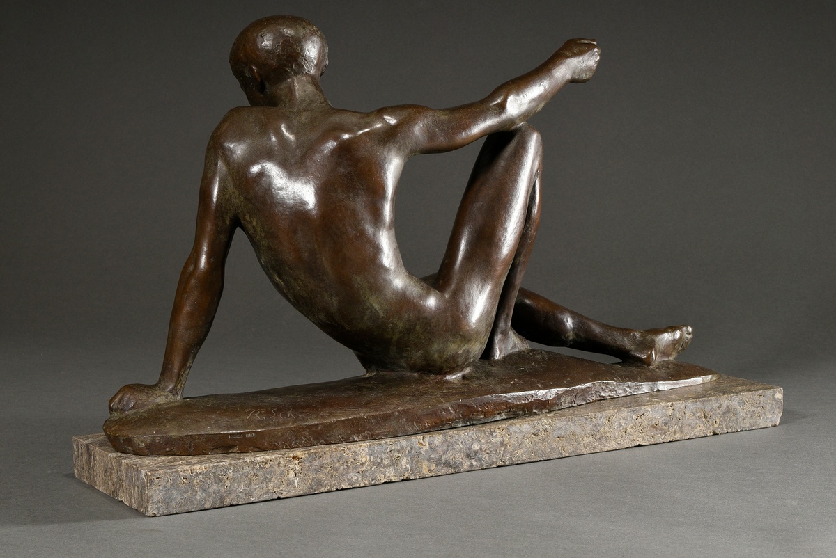 Scheibe, Richard (1879-1964) "Reclining Narcissus" 1952, patinated bronze, on marble base (slightly - Image 4 of 9