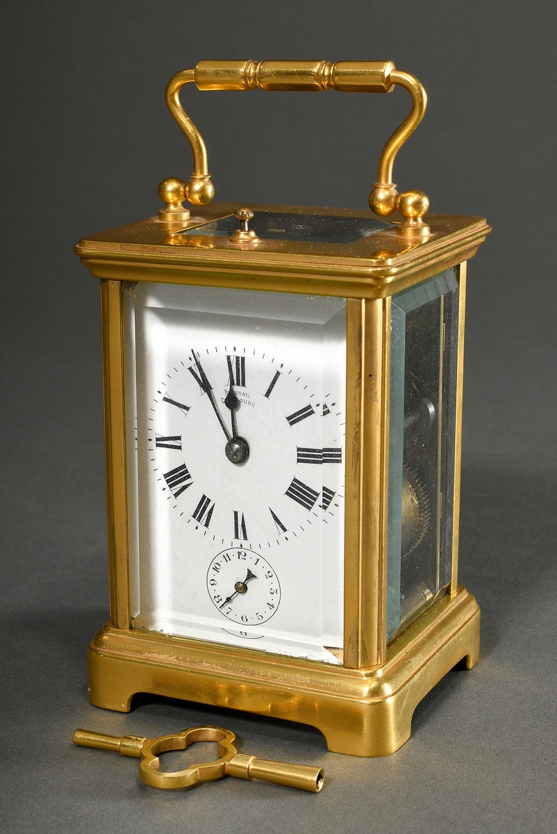 French travel alarm clock in all-round facet glassed and gilded brass case, enamelled dial with Rom